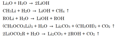 リチウムデポジット中に含まれる化合物と水との反応