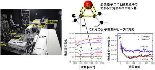 図3： 超高速時間分解赤外振動分光装置（左）とエポキシ基（右上）と超高速時間分解赤外振動分光法で得られたエポキシ基のスペクトル（下中央）と酸化グラフェンからエポキシ基が脱離するときの変化（下右）。