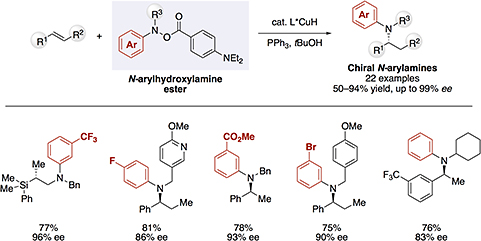 [Scheme1]銅触媒を用いた不斉ヒドロアミノ化反応によるキラルN-アリールアミンの合成